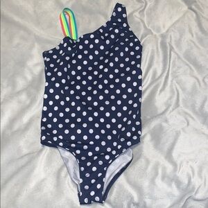 Lands' End girls navy blue polka dots Swimsuit with Rainbow Strap one piece 10